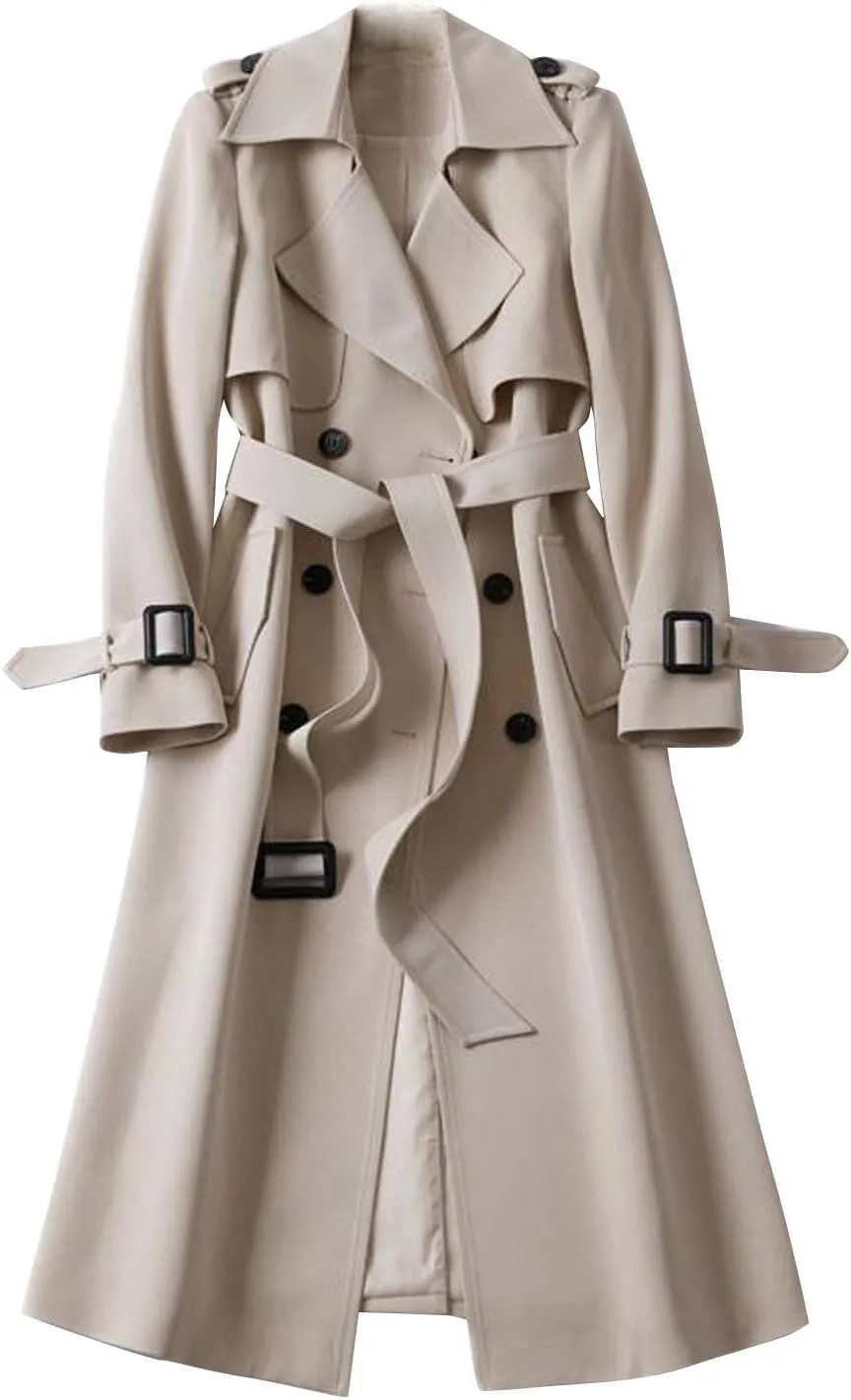 Womens Windbreaker Coat Solid Slim Fit Lapel Long Overcoat With Belt Elagant Oversized Dress Parka Jacekt for Women