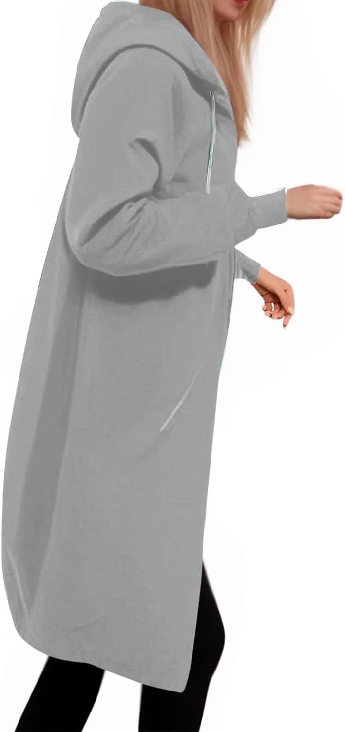 Womens Winter Coats Plus Size Drawstring Loose Hoodies Casual Plush Long Sleeve Jackets Full Zip Outerwear