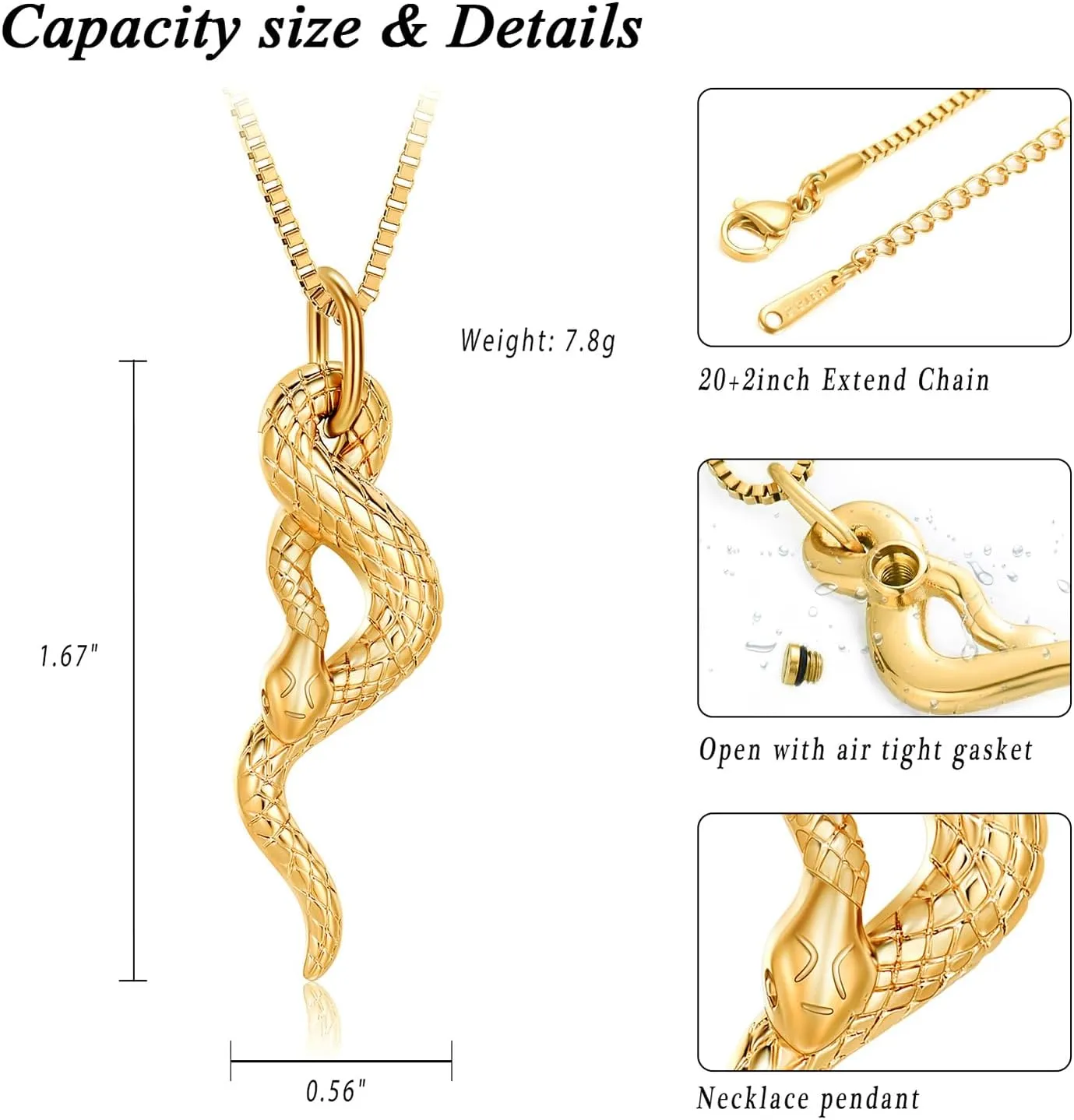 XSMZB Cremation Jewelry Snake Urn Necklace for Ashes Stainless Steel Python Memorial Pendant Human Pet Ashes Holder Keepsake for Men Women