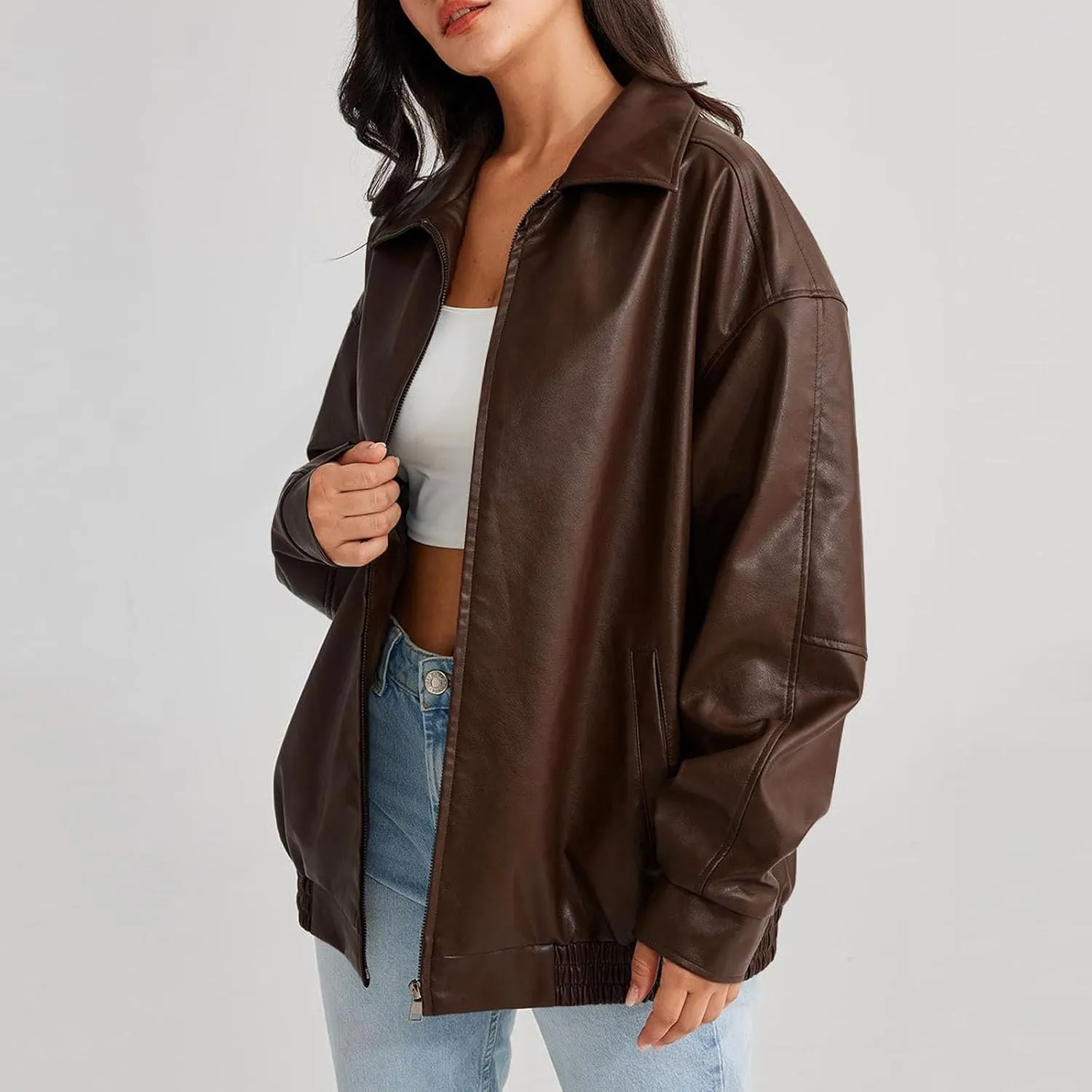 XUNRYAN Women's Faux-Leather Jackets Fashion Moto PU Jackets Baggy Motorcycle Coat Zip Up Outerwear Fall Winter Outfit