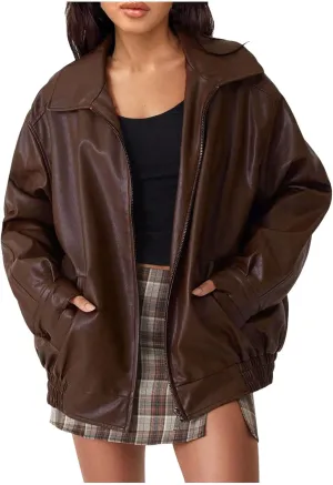 XUNRYAN Women's Faux-Leather Jackets Fashion Moto PU Jackets Baggy Motorcycle Coat Zip Up Outerwear Fall Winter Outfit