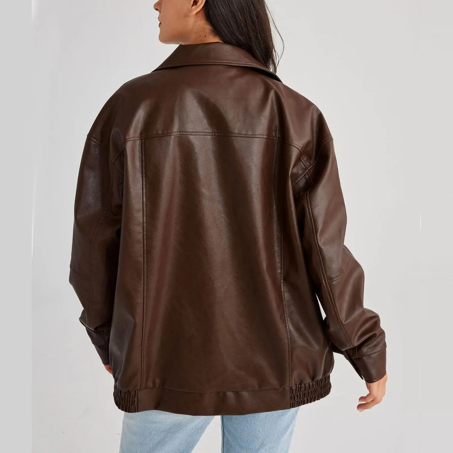 XUNRYAN Women's Faux-Leather Jackets Fashion Moto PU Jackets Baggy Motorcycle Coat Zip Up Outerwear Fall Winter Outfit