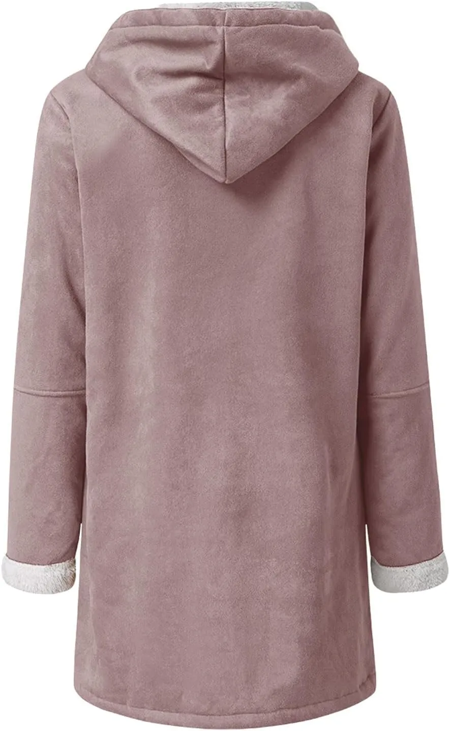 XUNRYAN Womens Winter Jackets 2024 Trendy Suede Faux-Leather Long Sleeve Sherpa Fleece Coat Horn Buckle Hoodie Outwear w Hood