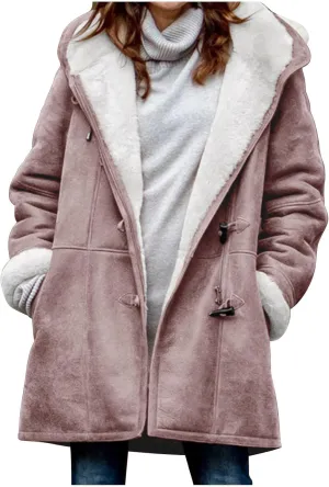 XUNRYAN Womens Winter Jackets 2024 Trendy Suede Faux-Leather Long Sleeve Sherpa Fleece Coat Horn Buckle Hoodie Outwear w Hood