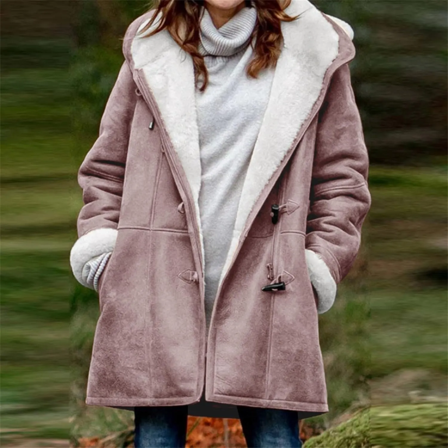 XUNRYAN Womens Winter Jackets 2024 Trendy Suede Faux-Leather Long Sleeve Sherpa Fleece Coat Horn Buckle Hoodie Outwear w Hood