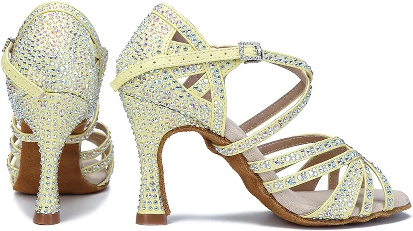 Yellow Latin Dance Shoes - Salsa, Tango Sandals with 9CM (3.54") Heels for Ballroom, Pink Wedding