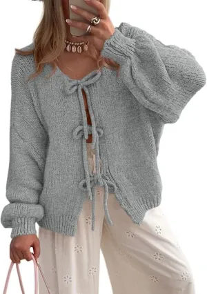 ZAFUL Women's Tie Front Bow Cardigan Sweaters Chunky Knit Long Puff Sleeve Trendy Fall Winter Jacket Coats