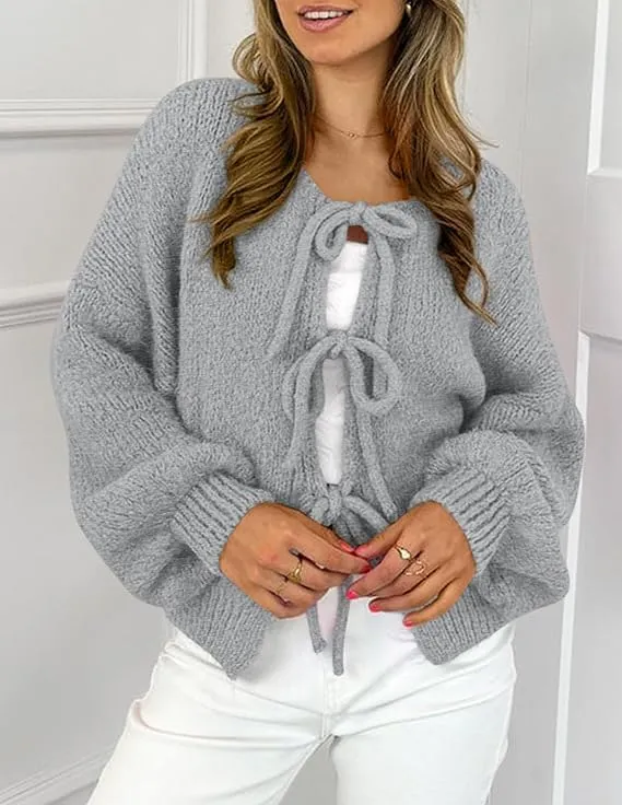 ZAFUL Women's Tie Front Bow Cardigan Sweaters Chunky Knit Long Puff Sleeve Trendy Fall Winter Jacket Coats
