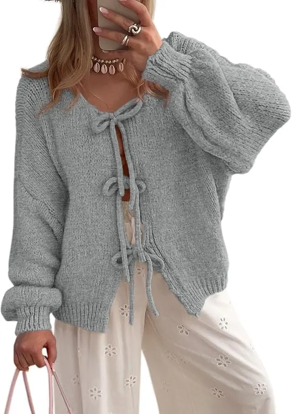 ZAFUL Women's Tie Front Bow Cardigan Sweaters Chunky Knit Long Puff Sleeve Trendy Fall Winter Jacket Coats