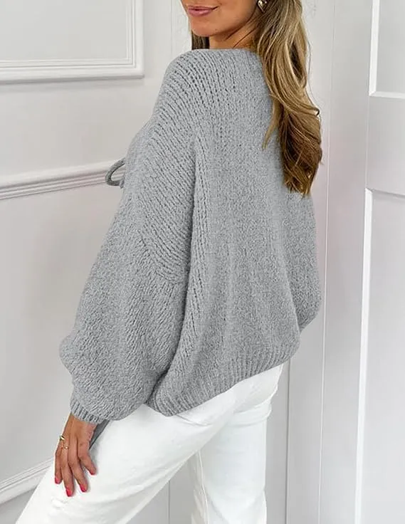 ZAFUL Women's Tie Front Bow Cardigan Sweaters Chunky Knit Long Puff Sleeve Trendy Fall Winter Jacket Coats