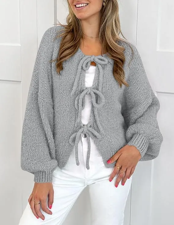 ZAFUL Women's Tie Front Bow Cardigan Sweaters Chunky Knit Long Puff Sleeve Trendy Fall Winter Jacket Coats
