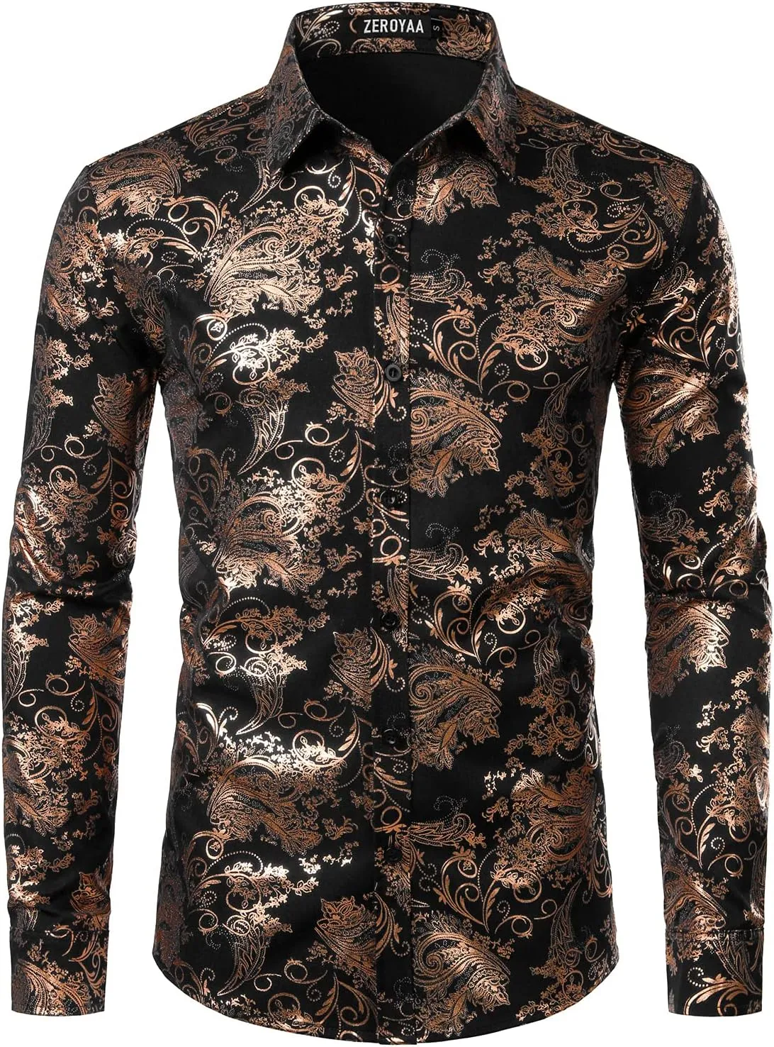 ZEROYAA Men's Luxury Paisley Dress Shirt Shiny Floral Printed Button Down Shirts for Party Prom