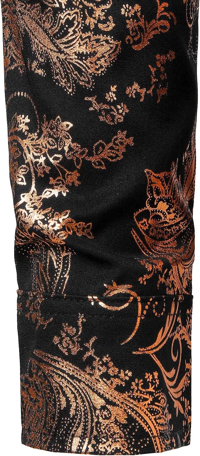 ZEROYAA Men's Luxury Paisley Dress Shirt Shiny Floral Printed Button Down Shirts for Party Prom