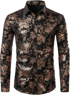 ZEROYAA Men's Luxury Paisley Dress Shirt Shiny Floral Printed Button Down Shirts for Party Prom