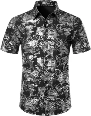 ZEROYAA Men's Luxury Paisley Shiny Printed Slim Fit Short Sleeve Button Up Dress Shirt