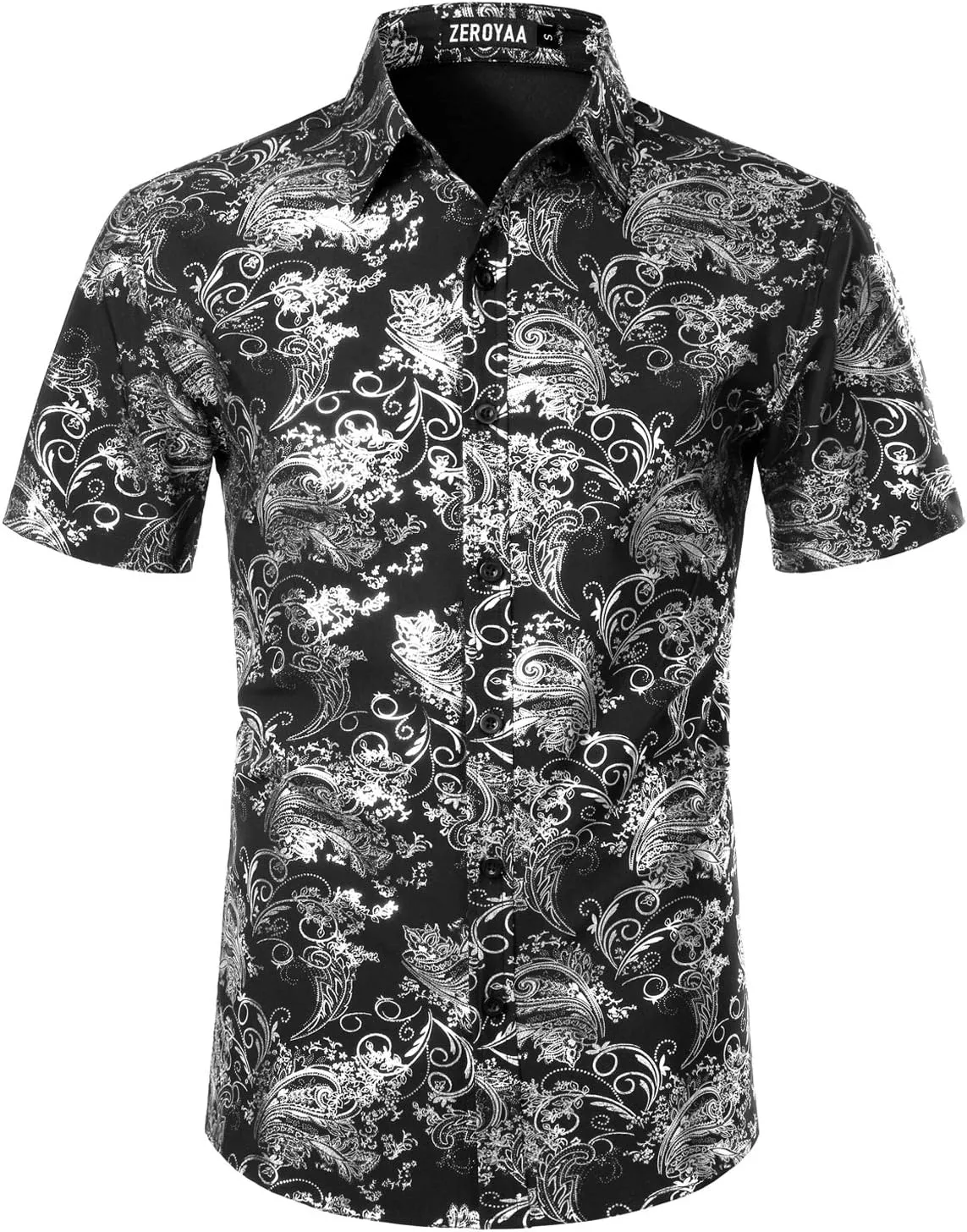 ZEROYAA Men's Luxury Paisley Shiny Printed Slim Fit Short Sleeve Button Up Dress Shirt