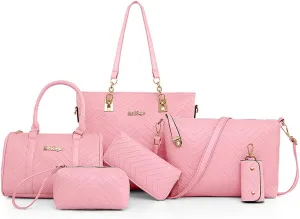ZiMing 6-Pcs Handbags Sets Women Purses PU Leather Texture Pattern Tote Bags Satchel Crossbody Shoulder Bag Wristlets Wallet
