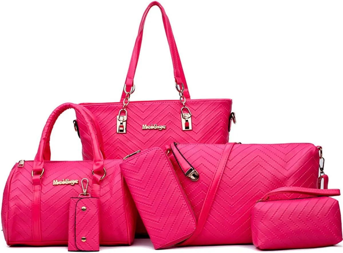 ZiMing 6-Pcs Handbags Sets Women Purses PU Leather Texture Pattern Tote Bags Satchel Crossbody Shoulder Bag Wristlets Wallet