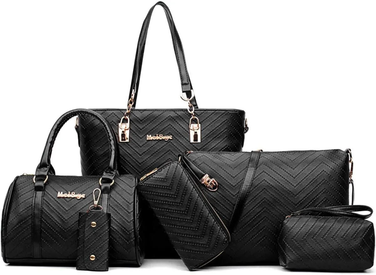ZiMing 6-Pcs Handbags Sets Women Purses PU Leather Texture Pattern Tote Bags Satchel Crossbody Shoulder Bag Wristlets Wallet