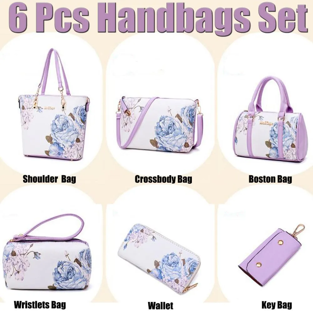 ZiMing 6 Pcs Handbags Womens Tote Shoulder Bag Top Handle Boston Bag Crossbody Bags Leather Satchel Wallet Ladies Purses Set