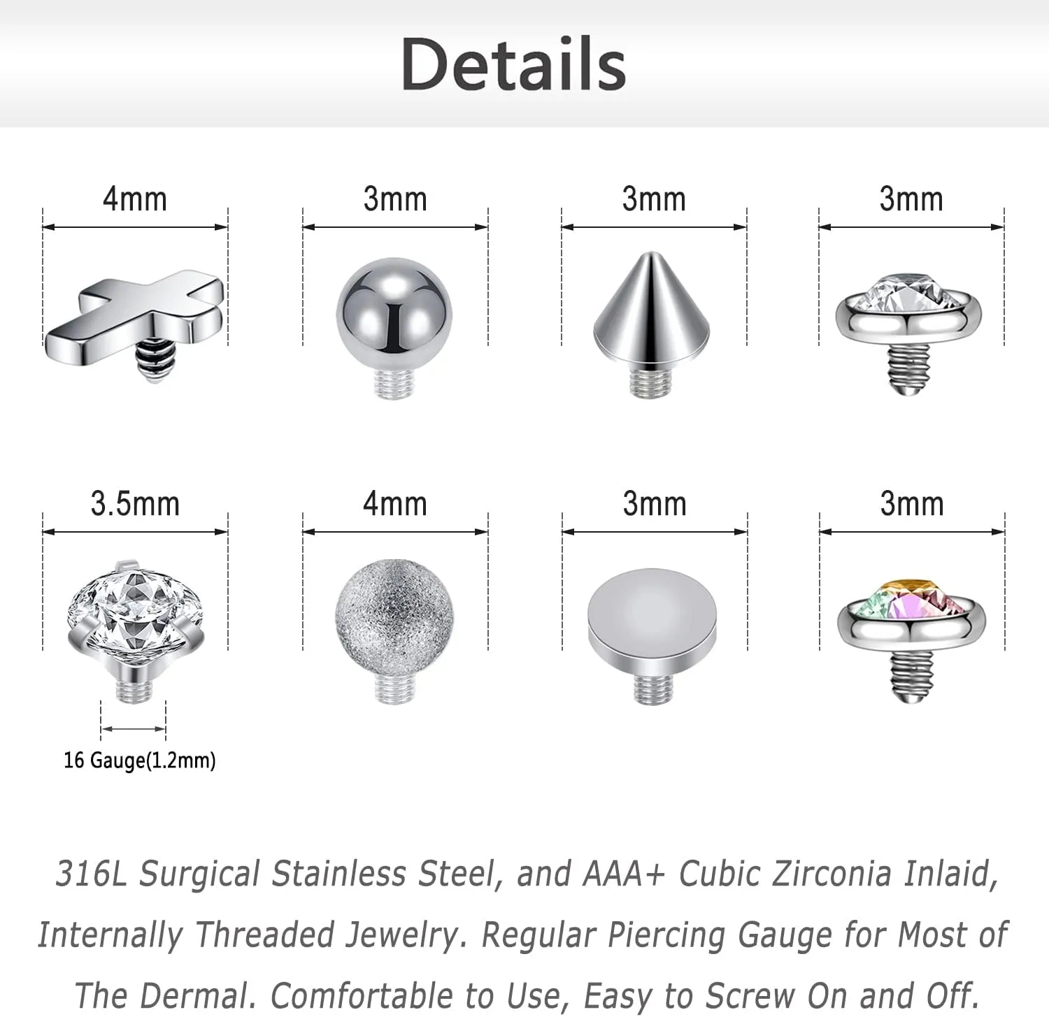 ZS 16G Dermal Piercing Jewelry Surgical Steel Diamond Tops for Men Women Surface Piercing Jewelry Tops Black Gold Microdermal Piercing Jewelry